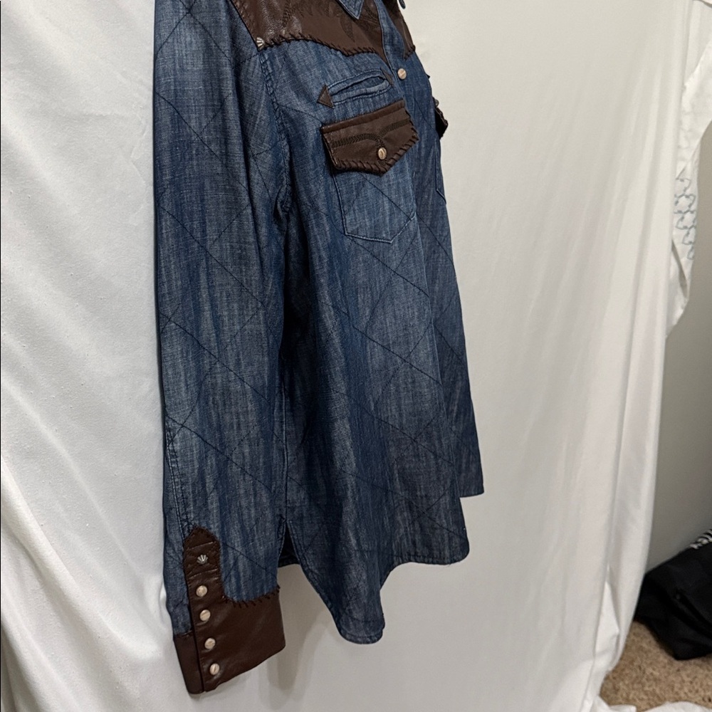 Double D Ranch Denim Switchback Shirt Jacket Leather Trim Pearl Snaps Size 2X - Picture 3 of 12